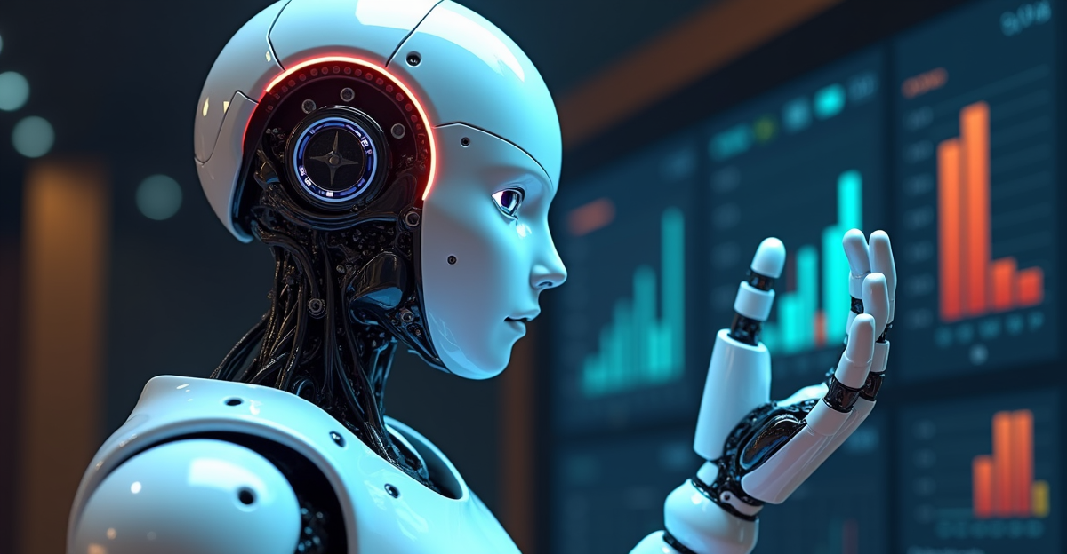 Robot cerdas dengan chip sirkuit yang bersinar, di latar belakang mesin slot digital berkilauan